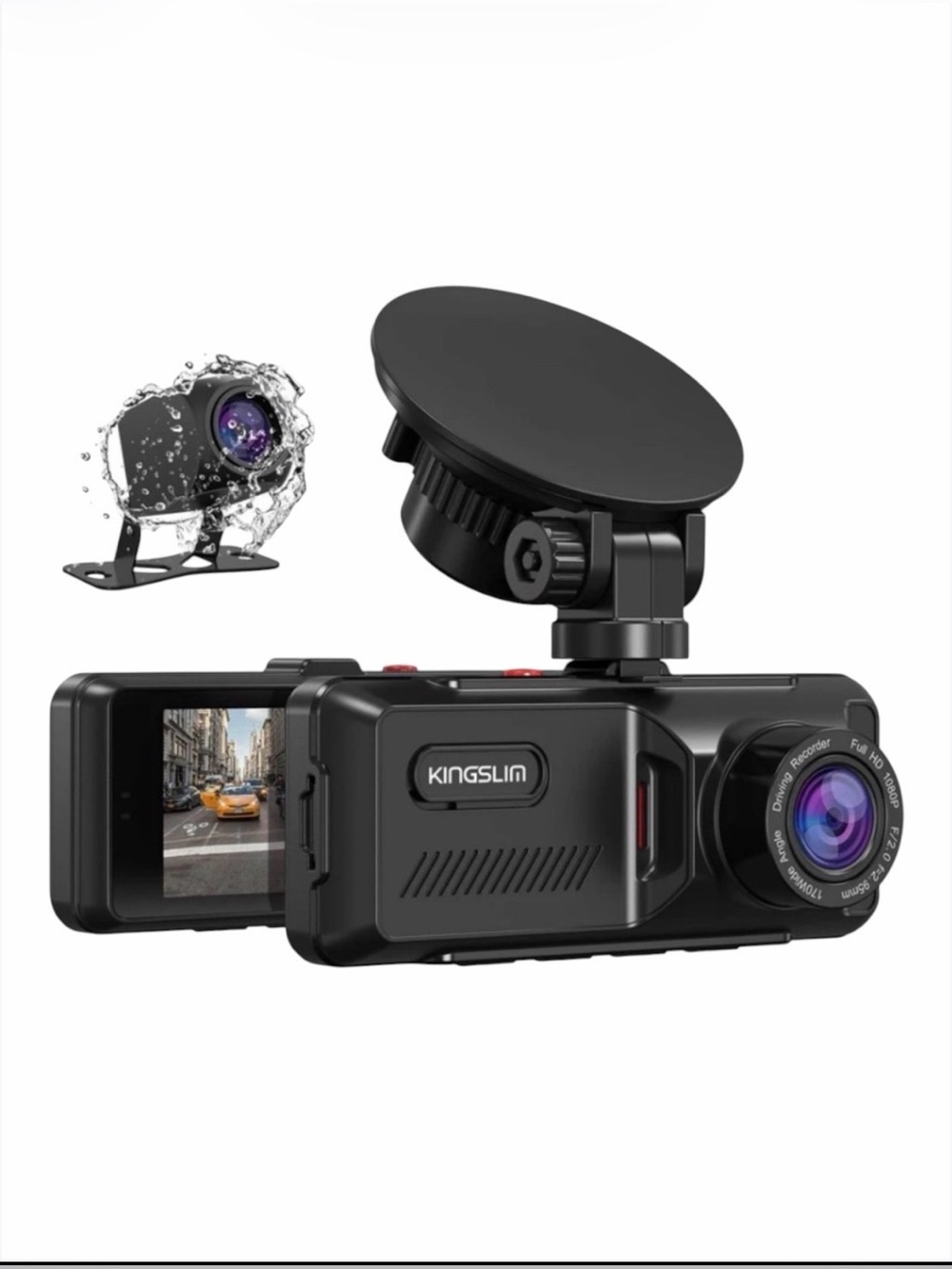Black On-Dash Camera with Dual Wide-Angle Lenses and Night Vision